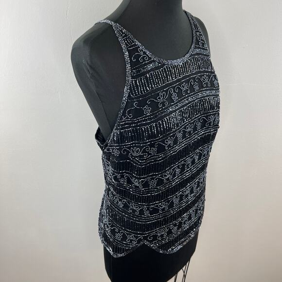 VINTAGE Stenay Black Gray Beaded Silk High Neck Tank Sparkle Scalloped VTG XL - Picture 4 of 8